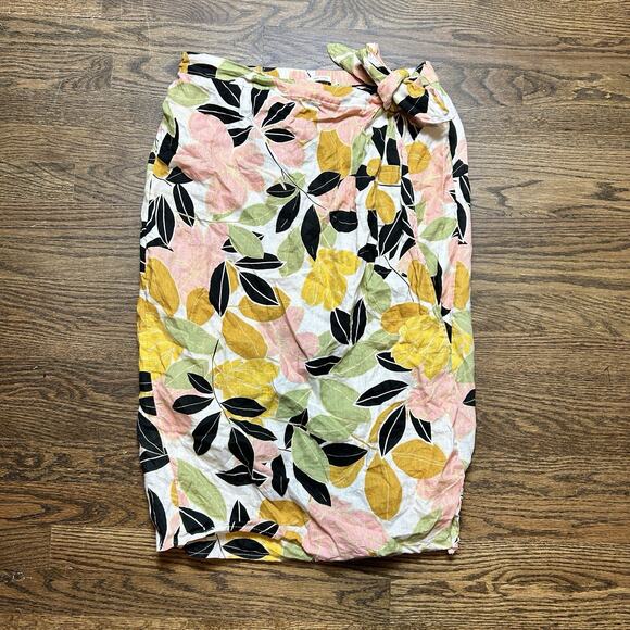 Rachel Zoe Skirt Womens Large White Yellow Floral Linen Wrap Tie Midi Resort - Picture 1 of 9